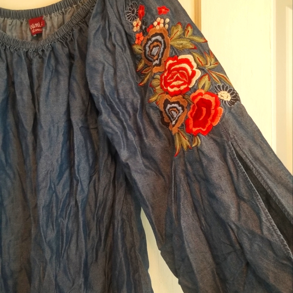 Embroidered Denim-Blue Peasant Tunic with Floral Sleeve